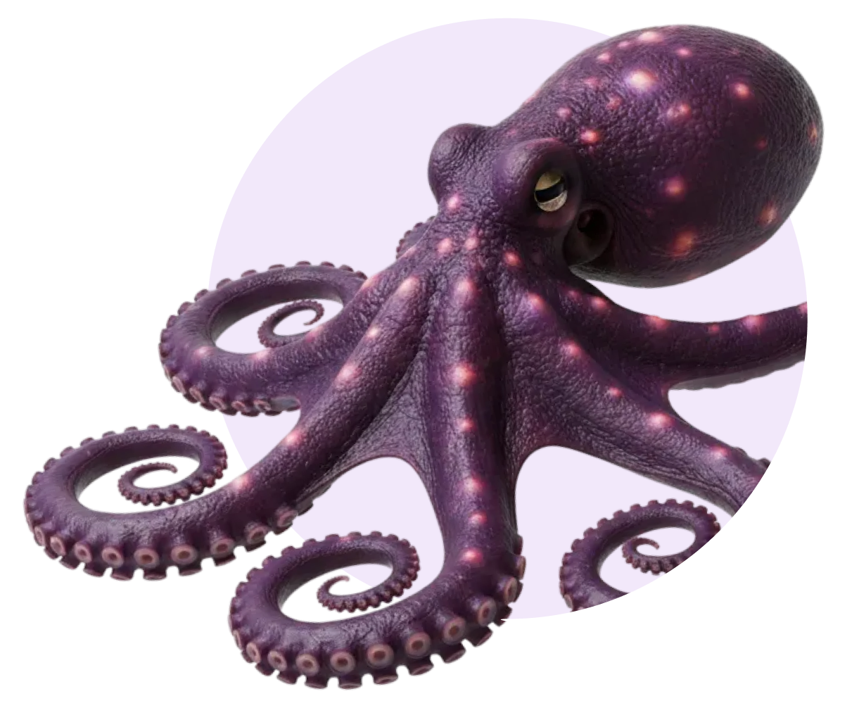 Imagem realista de um polvo roxo gerada por inteligência artificial, posicionado sobre um fundo circular em tom de lilás.