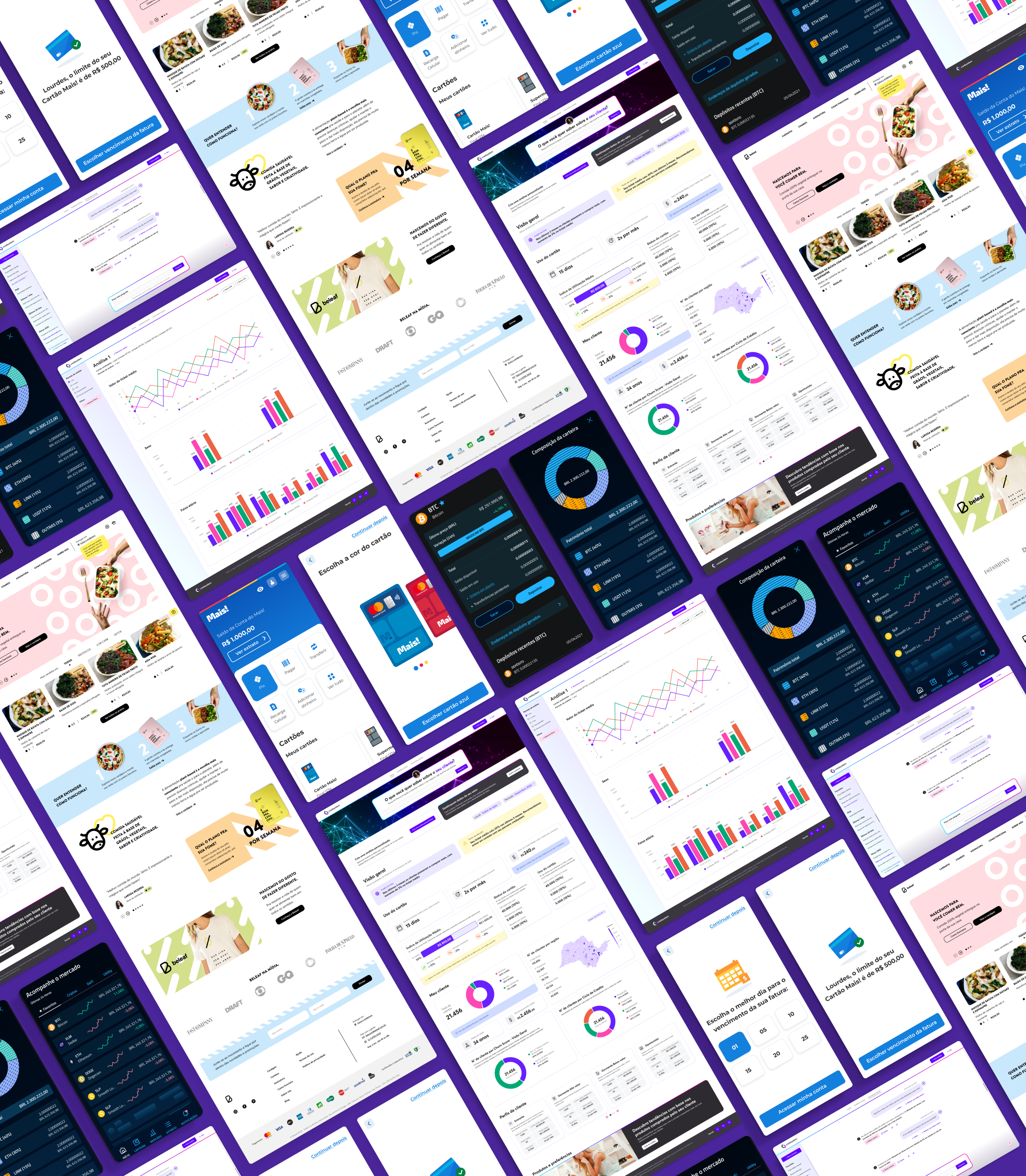 Imagem de um mosaico composto por diversa interfaces de sites desktop e aplicativos para celular, rotacionadas à 30 graus para a esquerda.