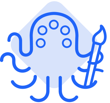 Ilustração com polvo segurando pincel em tons de azul